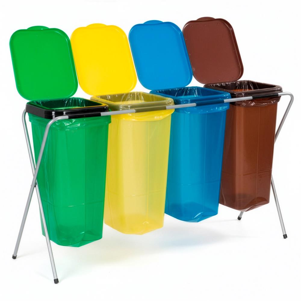 Cos de gunoi selectiv cu 4 compartimente, cadru metalic si capace PP, 128x42x74 cm