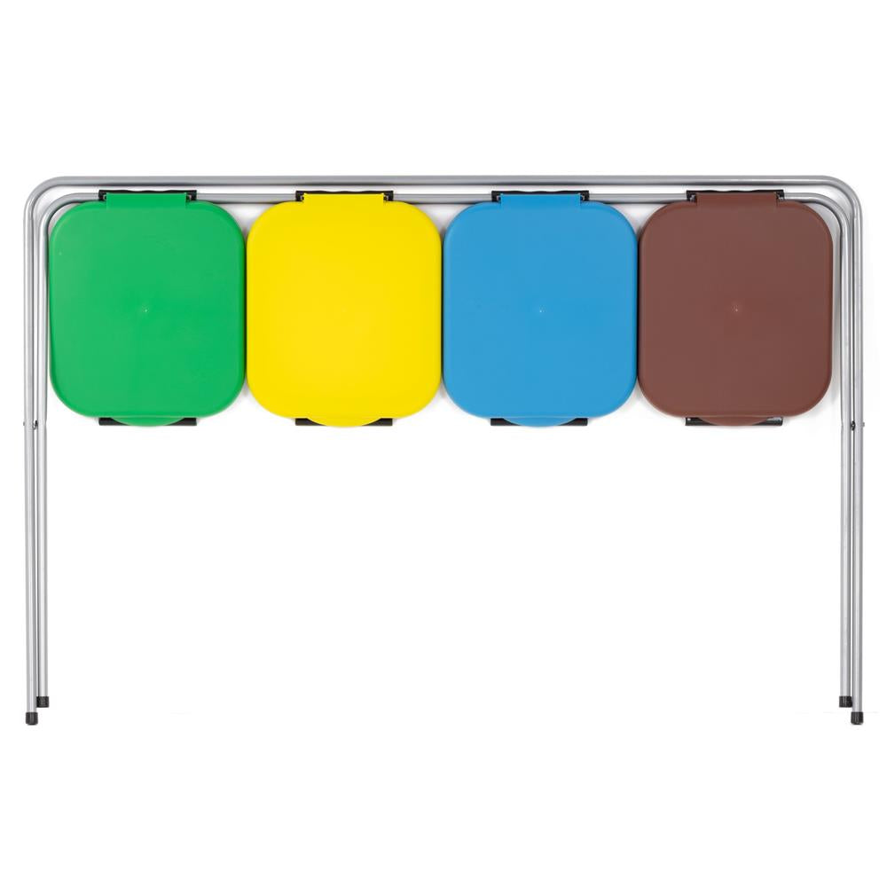 Cos de gunoi selectiv cu 4 compartimente, cadru metalic si capace PP, 128x42x74 cm