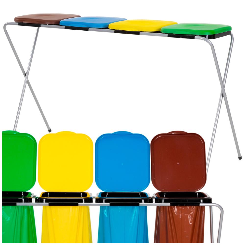 Cos de gunoi selectiv cu 4 compartimente, cadru metalic si capace PP, 128x42x74 cm