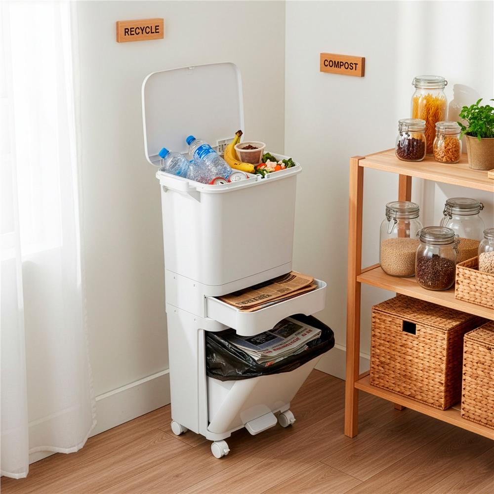 Cos de gunoi pentru colectare selectiva cu 3 compartimente, pe roti, 42 L, alb