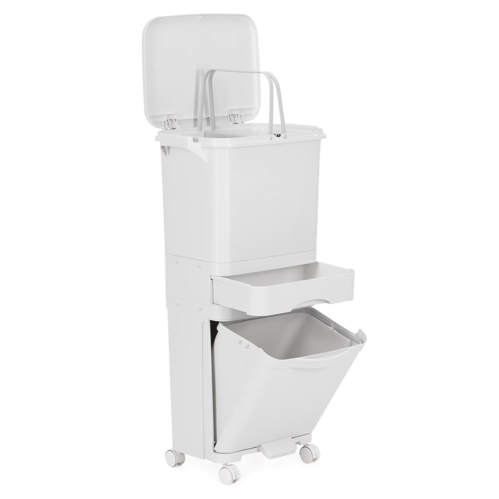 Cos de gunoi pentru colectare selectiva cu 3 compartimente, pe roti, 42 L, alb