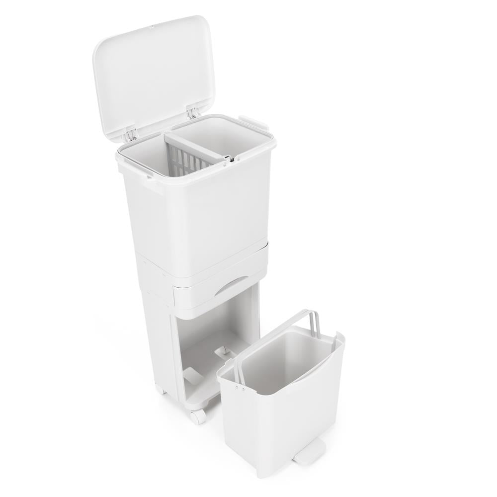 Cos de gunoi pentru colectare selectiva cu 3 compartimente, pe roti, 42 L, alb