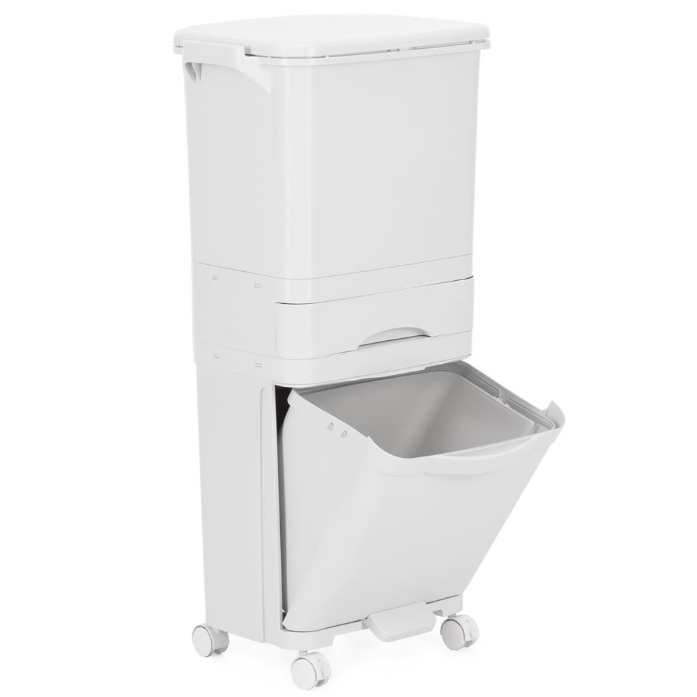 Cos de gunoi pentru colectare selectiva cu 3 compartimente, pe roti, 42 L, alb