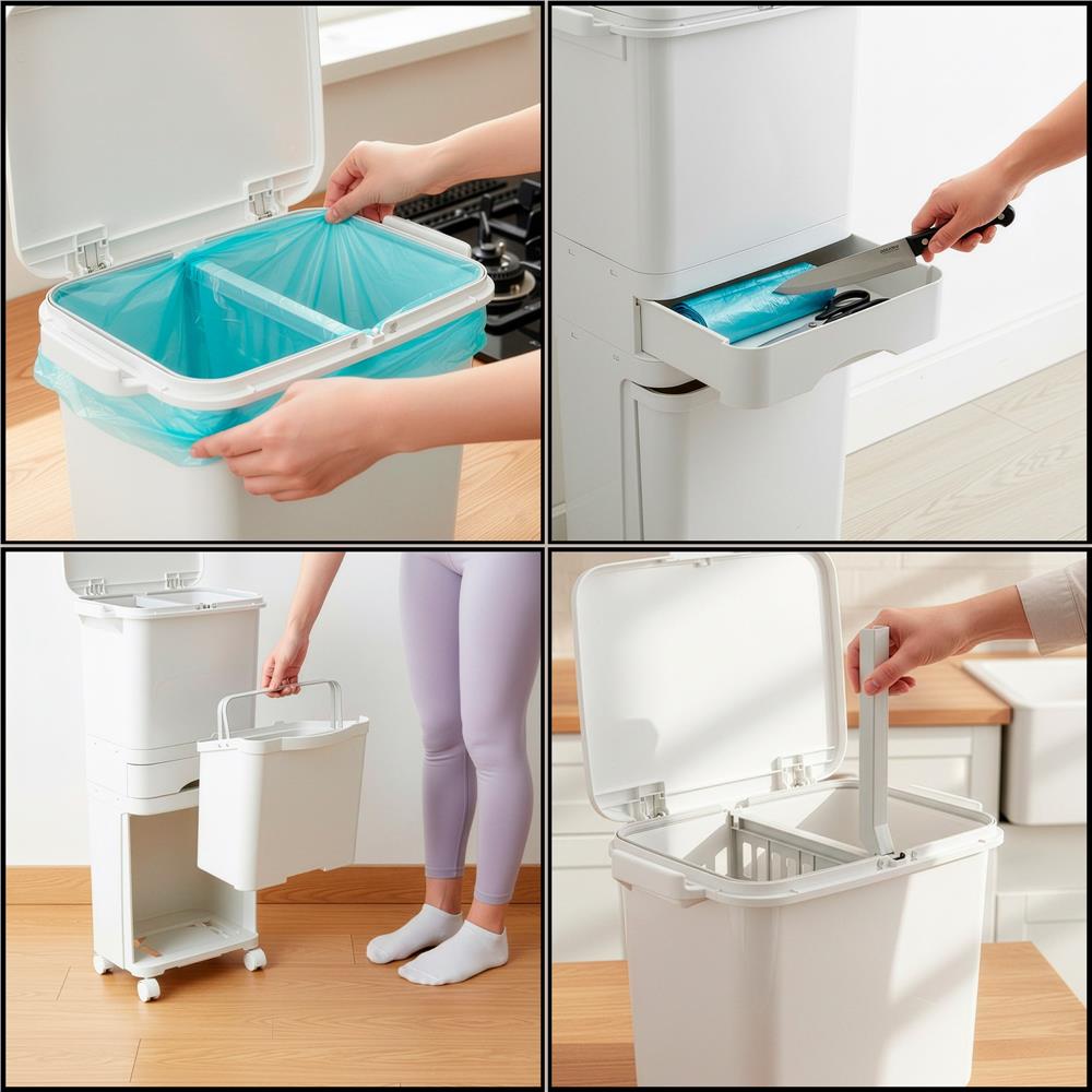 Cos de gunoi pentru colectare selectiva cu 3 compartimente, pe roti, 42 L, alb