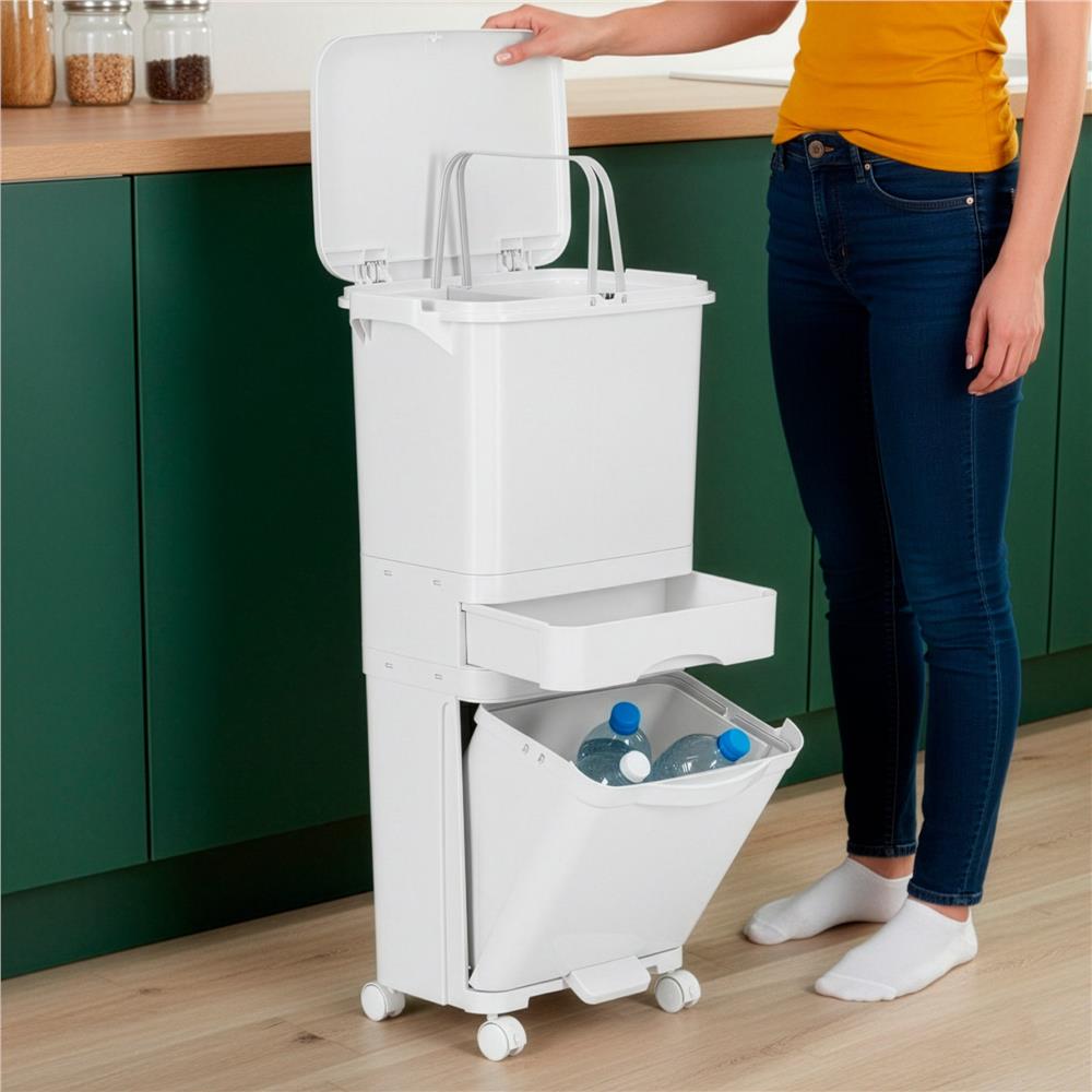 Cos de gunoi pentru colectare selectiva cu 3 compartimente, pe roti, 42 L, alb