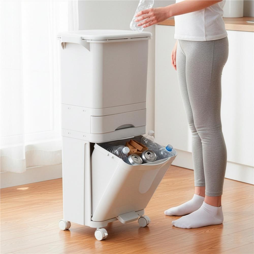 Cos de gunoi pentru colectare selectiva cu 3 compartimente, pe roti, 42 L, alb