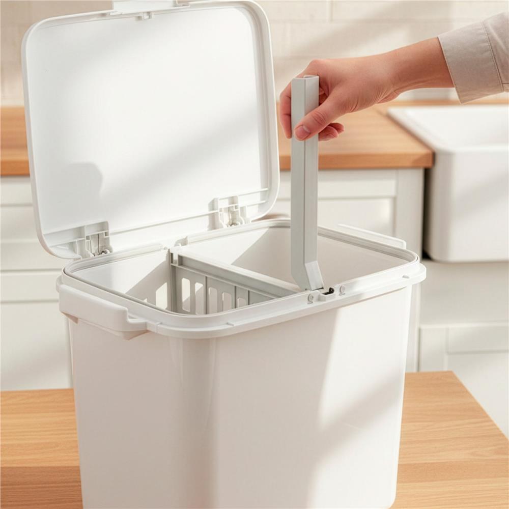 Cos de gunoi pentru colectare selectiva cu 3 compartimente, pe roti, 42 L, alb