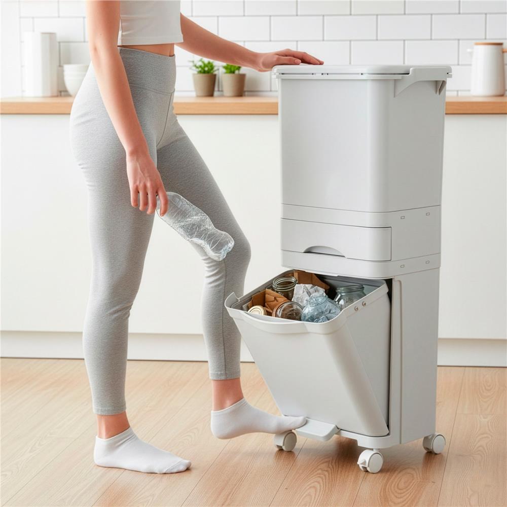 Cos de gunoi pentru colectare selectiva cu 3 compartimente, pe roti, 42 L, alb