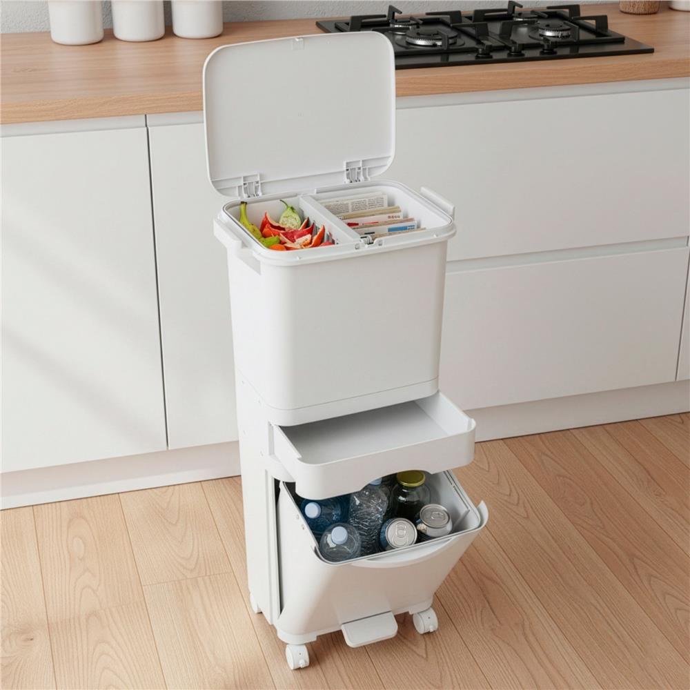 Cos de gunoi pentru colectare selectiva cu 3 compartimente, pe roti, 42 L, alb