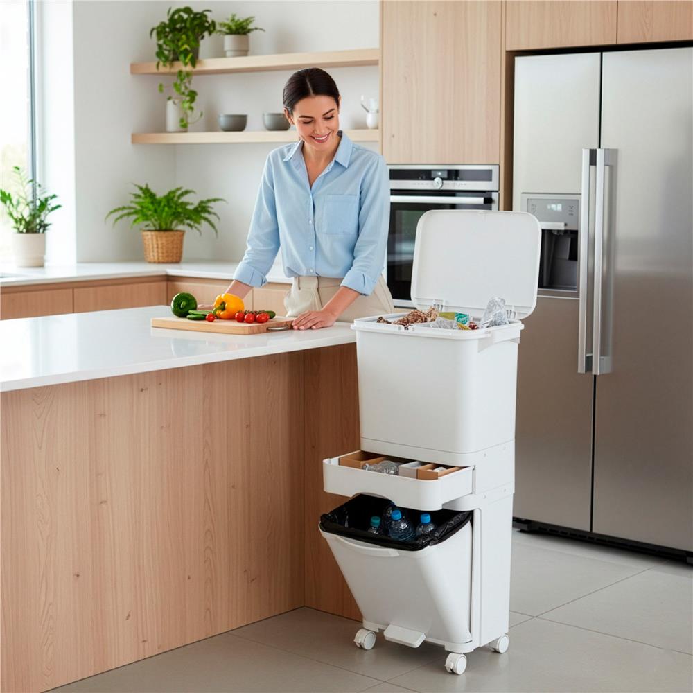 Cos de gunoi pentru colectare selectiva cu 3 compartimente, pe roti, 42 L, alb