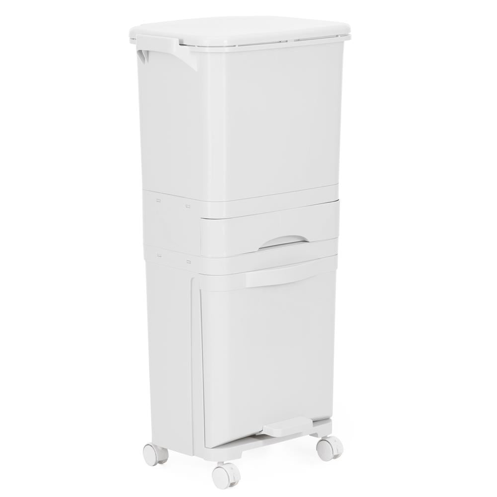 Cos de gunoi pentru colectare selectiva cu 3 compartimente, pe roti, 42 L, alb