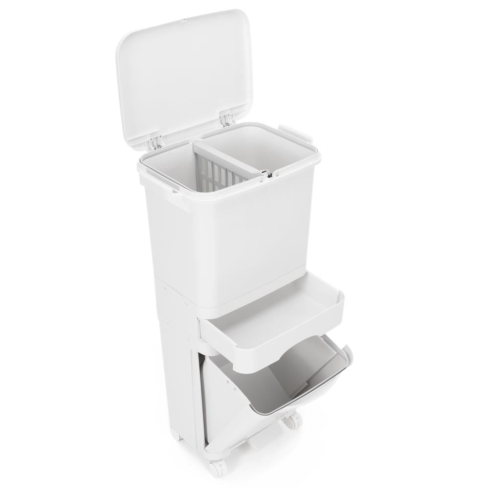 Cos de gunoi pentru colectare selectiva cu 3 compartimente, pe roti, 42 L, alb