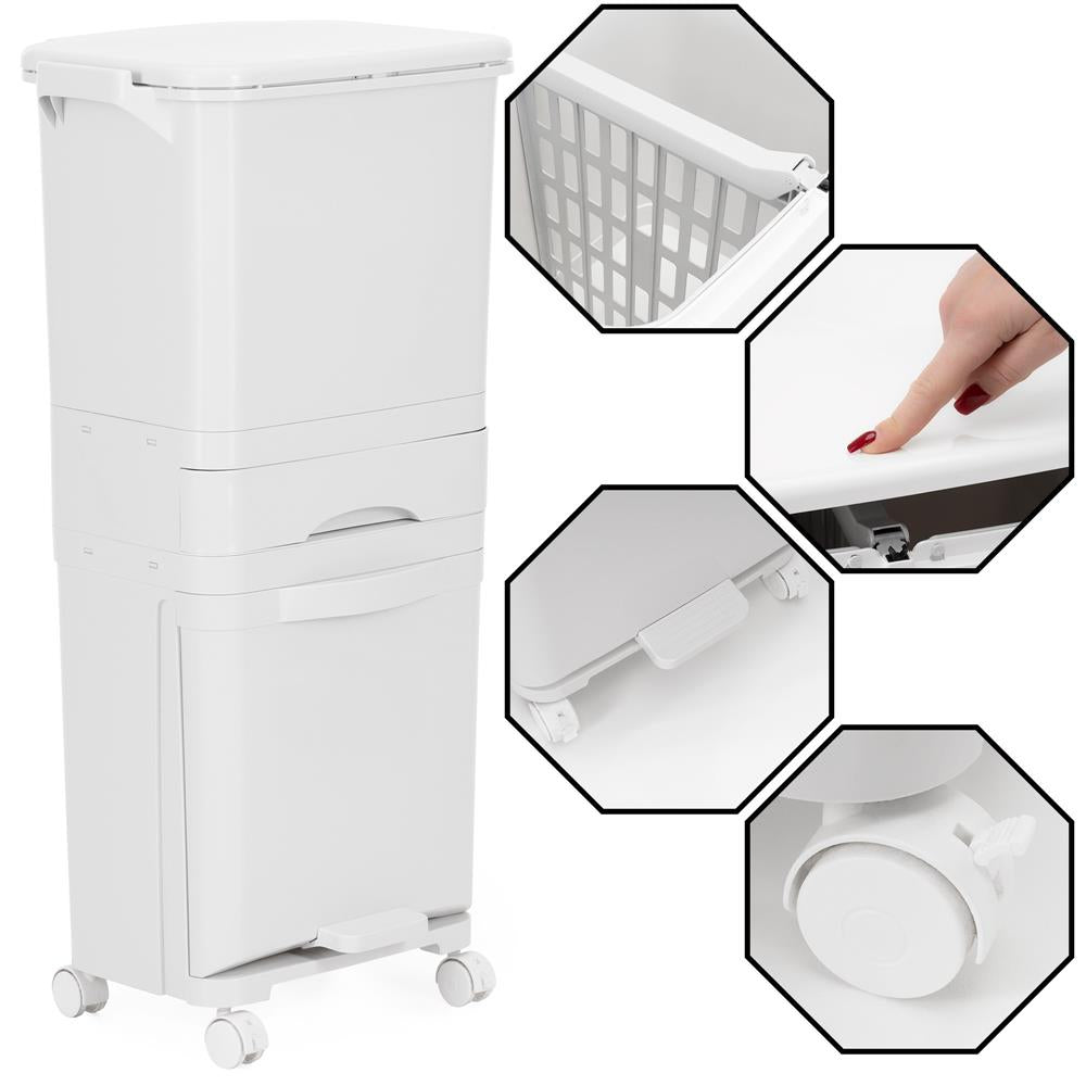 Cos de gunoi pentru colectare selectiva cu 3 compartimente, pe roti, 42 L, alb