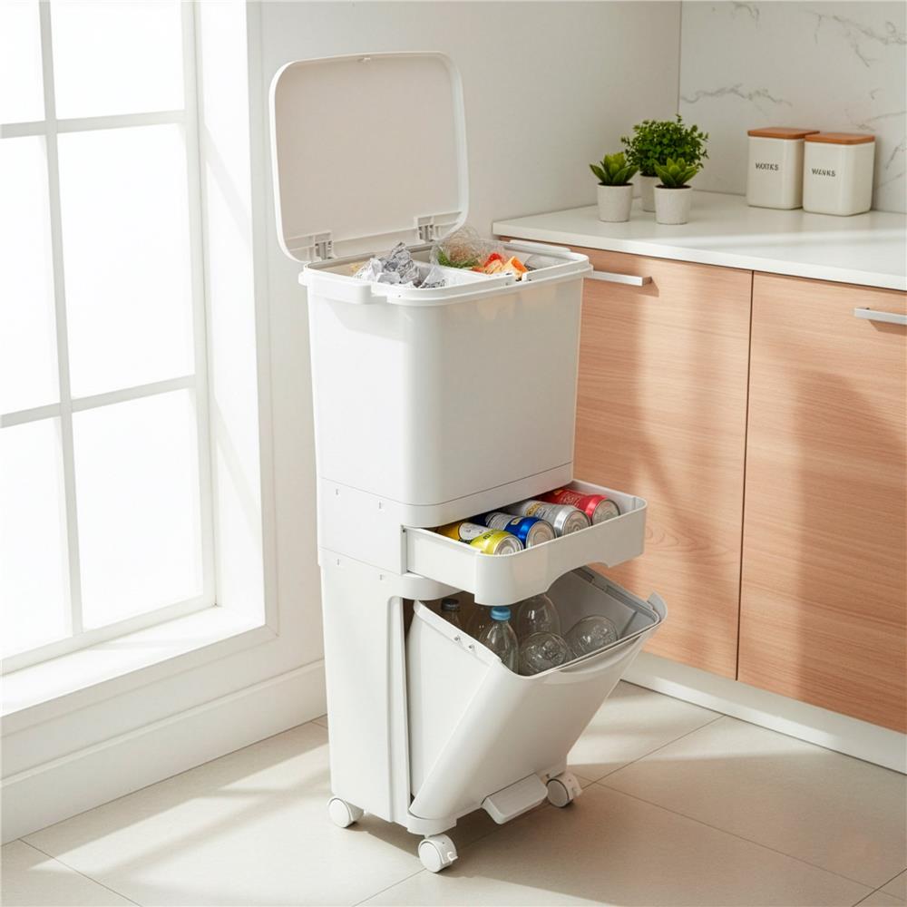 Cos de gunoi pentru colectare selectiva cu 3 compartimente, pe roti, 42 L, alb