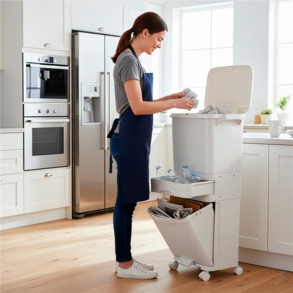 Cos de gunoi pentru colectare selectiva cu 3 compartimente, pe roti, 42 L, alb