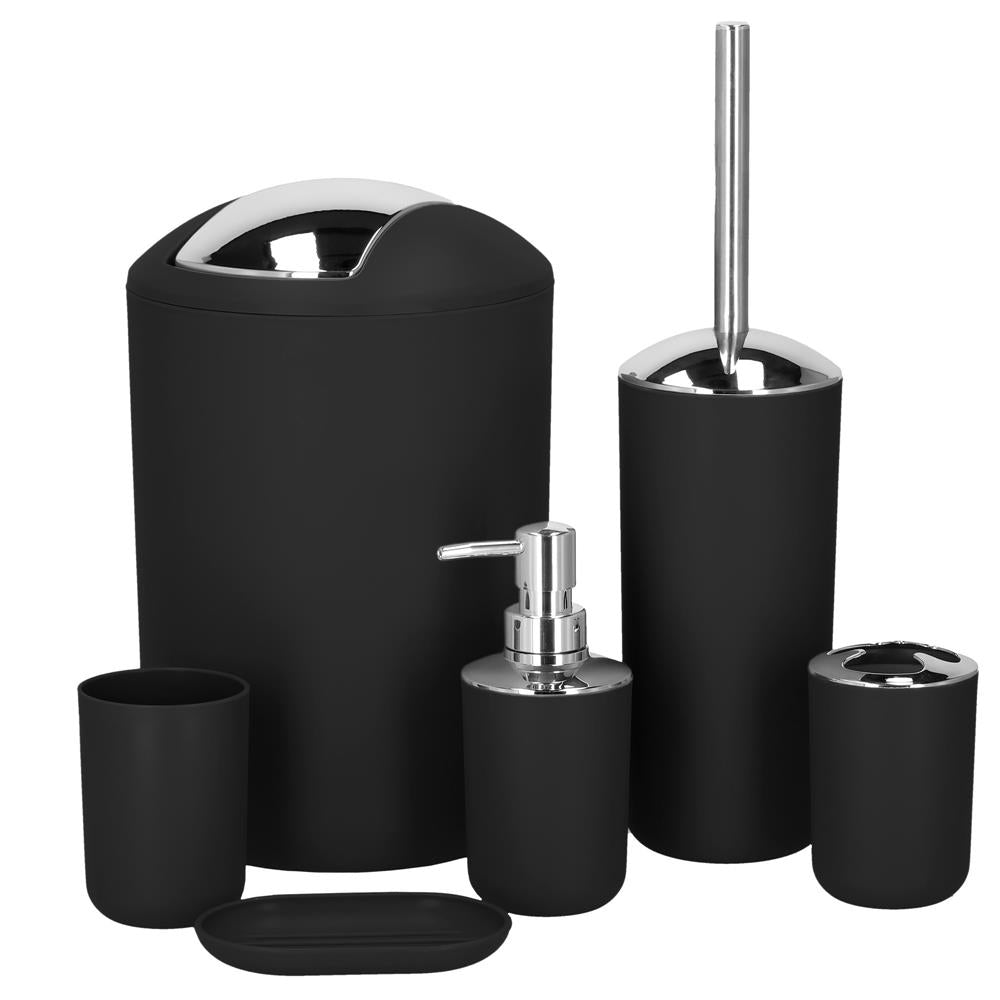 Set accesorii baie, 6 piese din plastic, cu perie WC si cos de gunoi, finisaj mat si lucios, negru argintiu