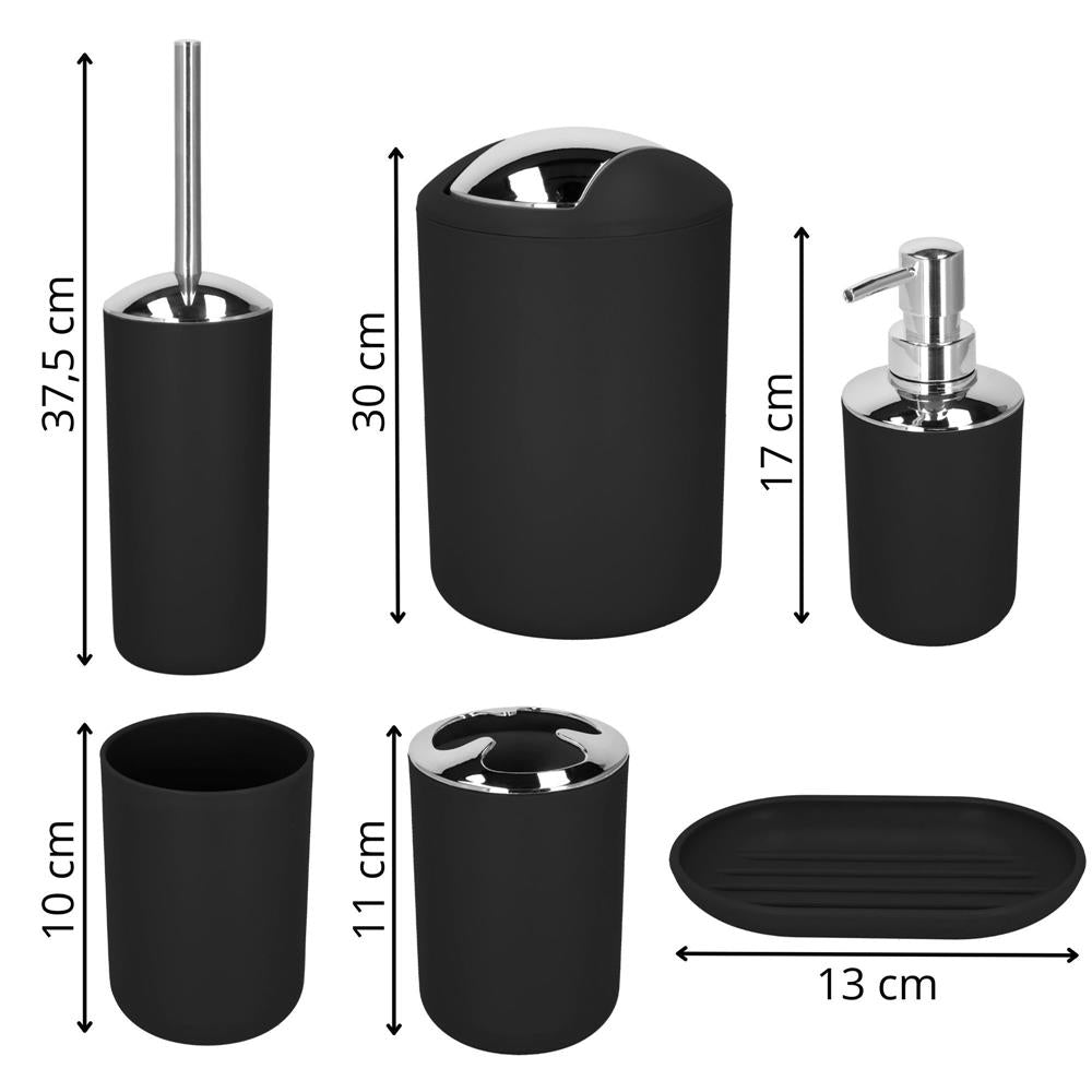 Set accesorii baie, 6 piese din plastic, cu perie WC si cos de gunoi, finisaj mat si lucios, negru argintiu