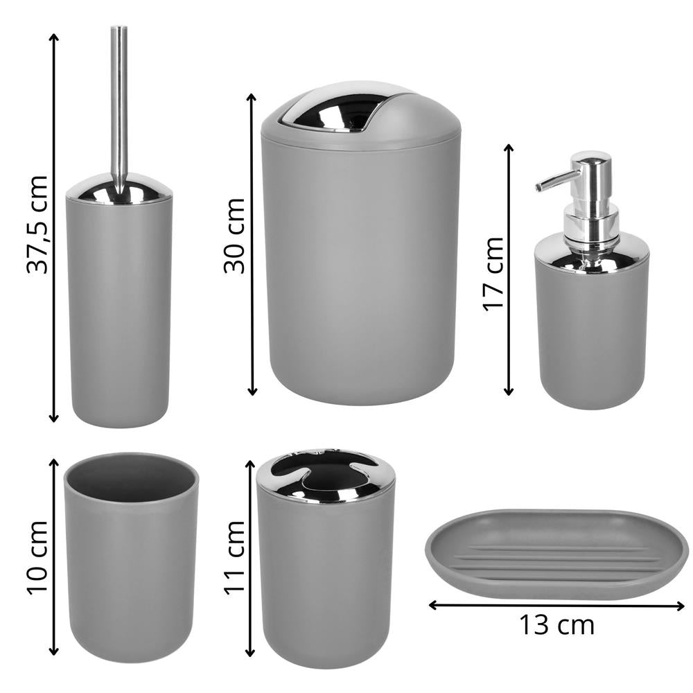 Set accesorii baie, 6 piese din plastic, cu perie WC si cos de gunoi, finisaj mat si lucios, gri argintiu