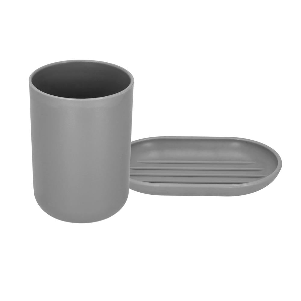 Set accesorii baie, 6 piese din plastic, cu perie WC si cos de gunoi, finisaj mat si lucios, gri argintiu