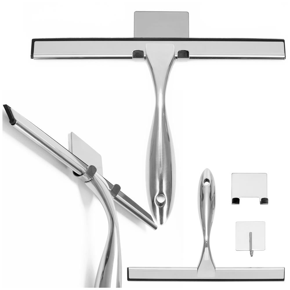 Racleta pentru baie din inox cu suport adeziv, lama 25 cm, finisaj lucios argintiu