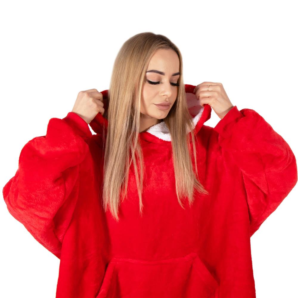Hanorac tip patura oversize din fleece moale, cu gluga si buzunar mare, rosu