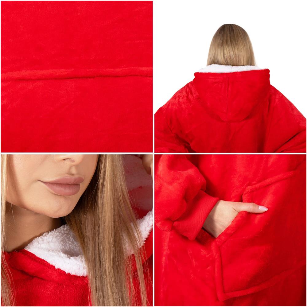 Hanorac tip patura oversize din fleece moale, cu gluga si buzunar mare, rosu