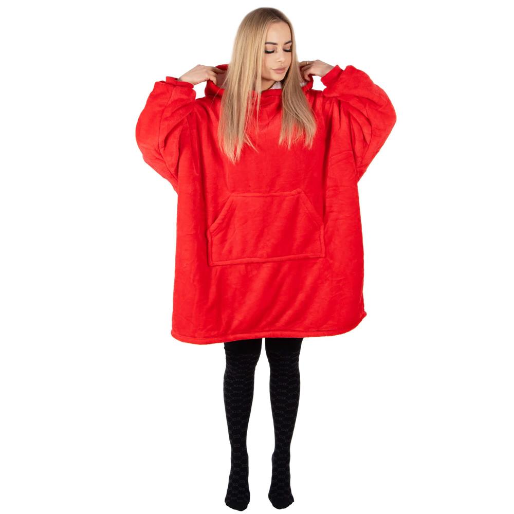 Hanorac tip patura oversize din fleece moale, cu gluga si buzunar mare, rosu