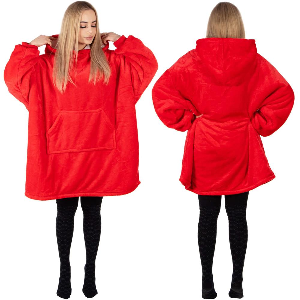 Hanorac tip patura oversize din fleece moale, cu gluga si buzunar mare, rosu