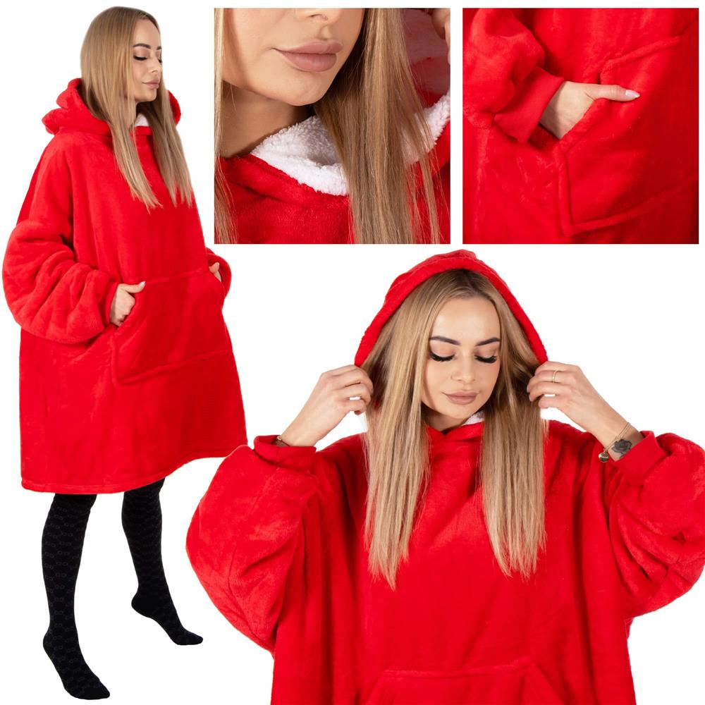 Hanorac tip patura oversize din fleece moale, cu gluga si buzunar mare, rosu