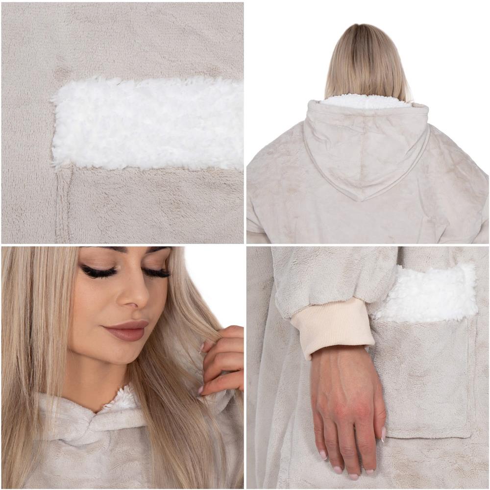 Hanorac tip patura oversize din fleece moale, cu gluga si buzunar mare, gri