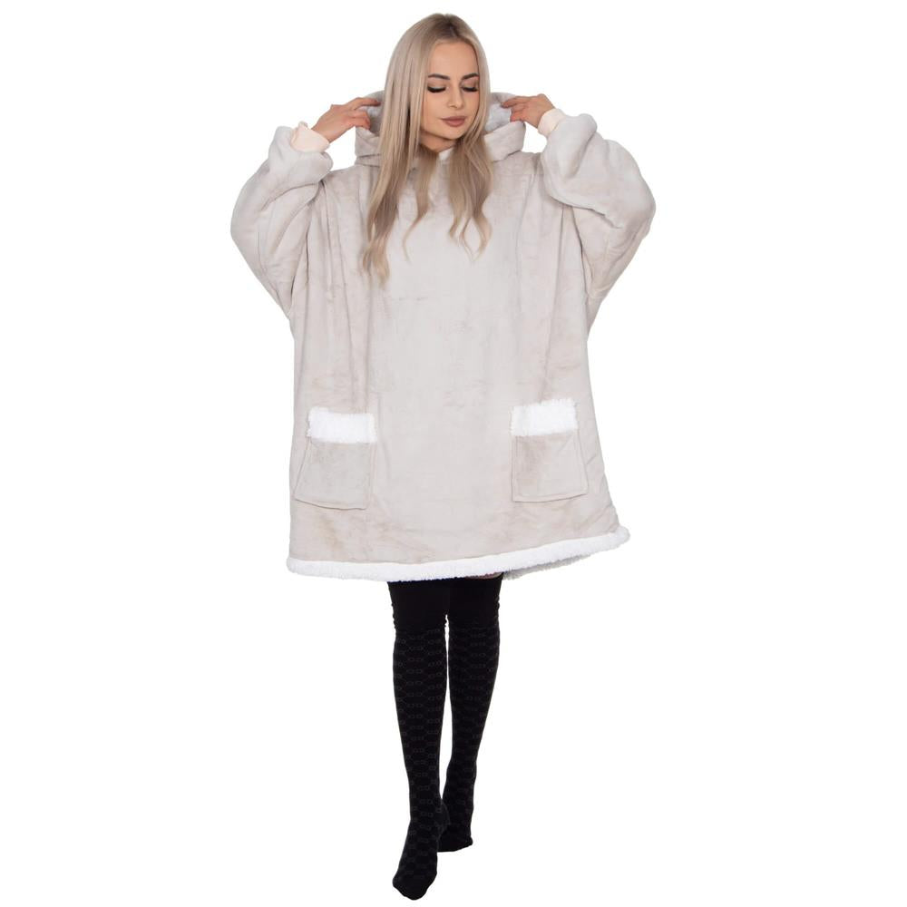 Hanorac tip patura oversize din fleece moale, cu gluga si buzunar mare, gri