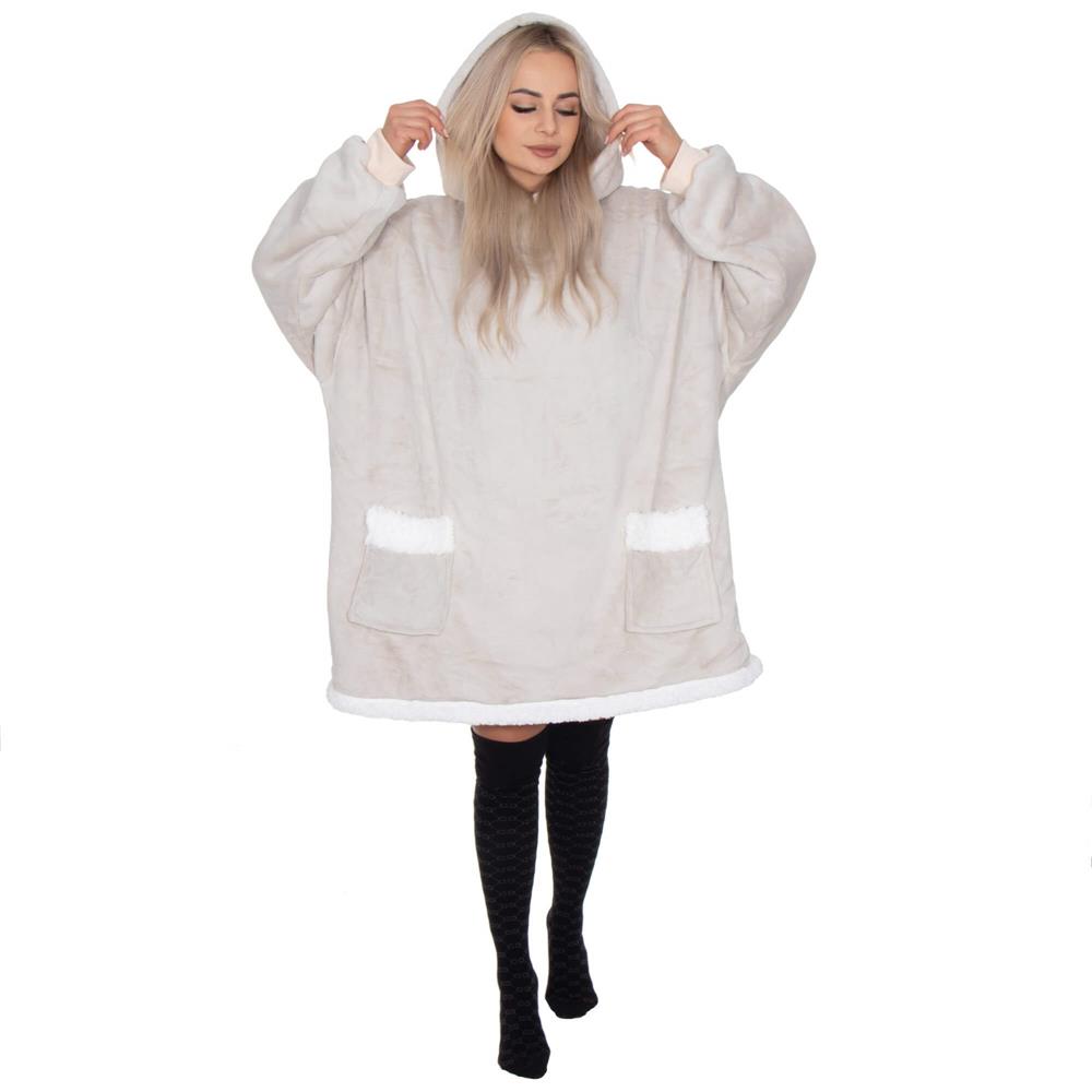 Hanorac tip patura oversize din fleece moale, cu gluga si buzunar mare, gri