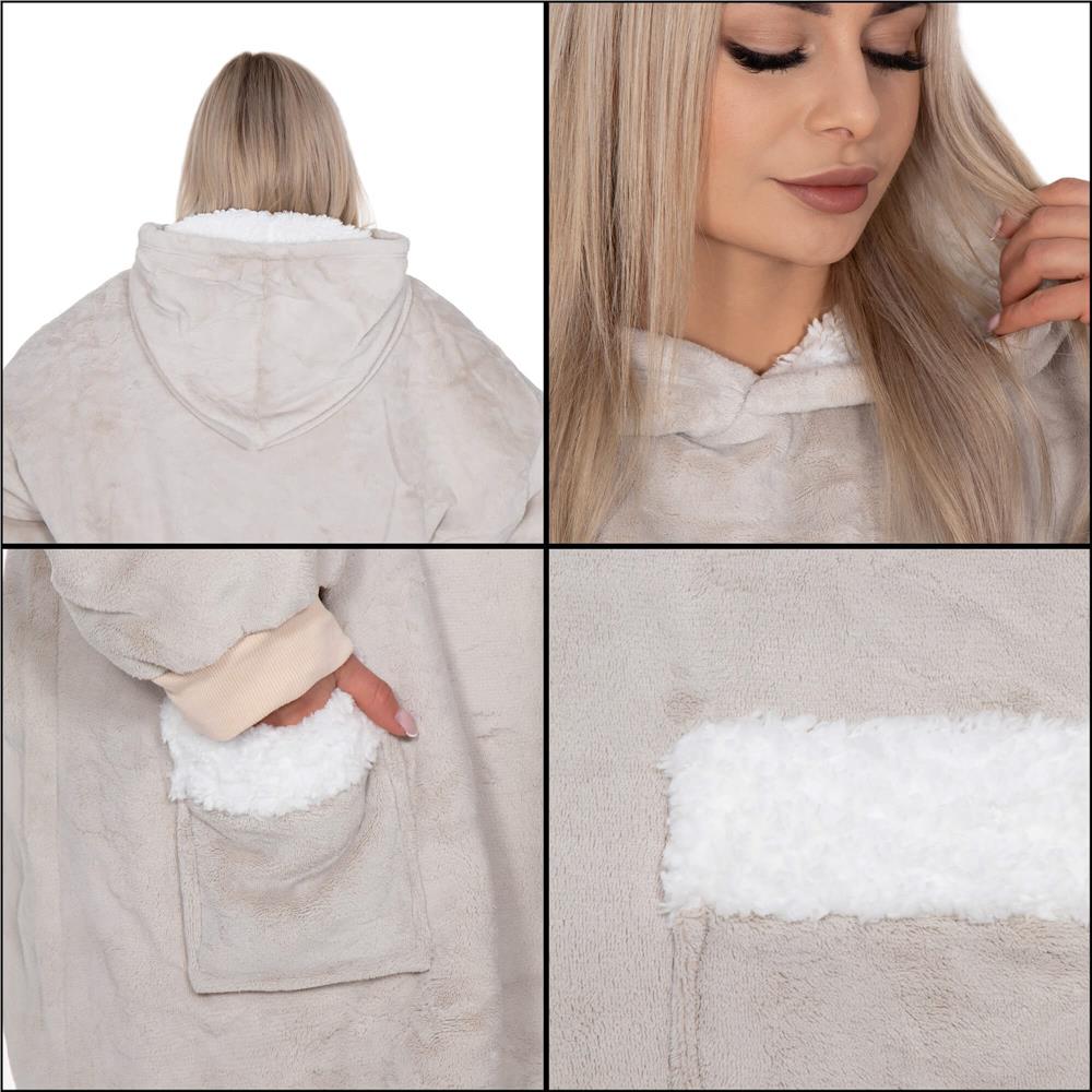 Hanorac tip patura oversize din fleece moale, cu gluga si buzunar mare, gri