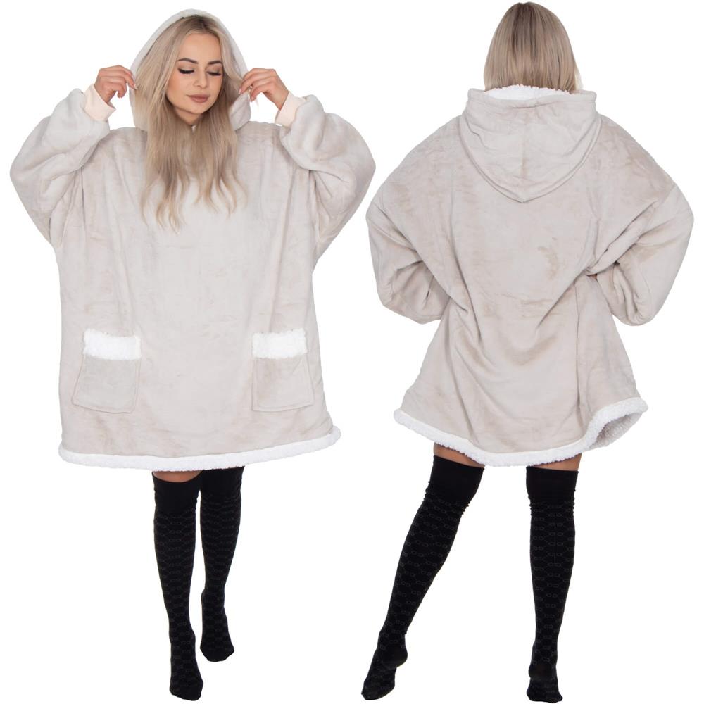 Hanorac tip patura oversize din fleece moale, cu gluga si buzunar mare, gri