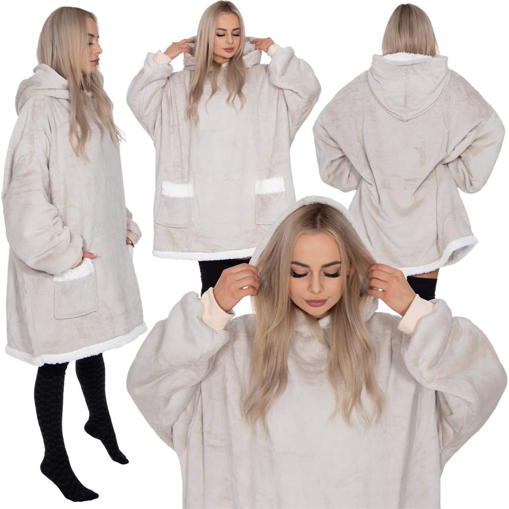 Hanorac tip patura oversize din fleece moale, cu gluga si buzunar mare, gri