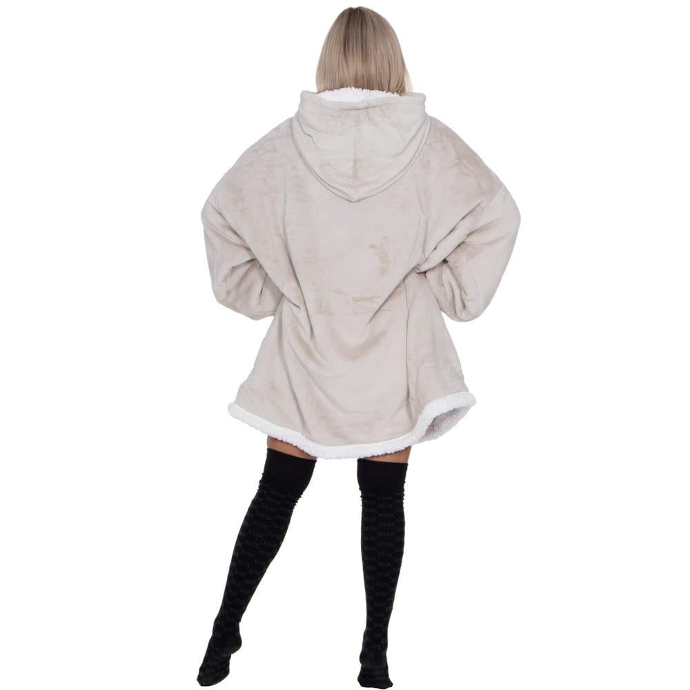 Hanorac tip patura oversize din fleece moale, cu gluga si buzunar mare, gri