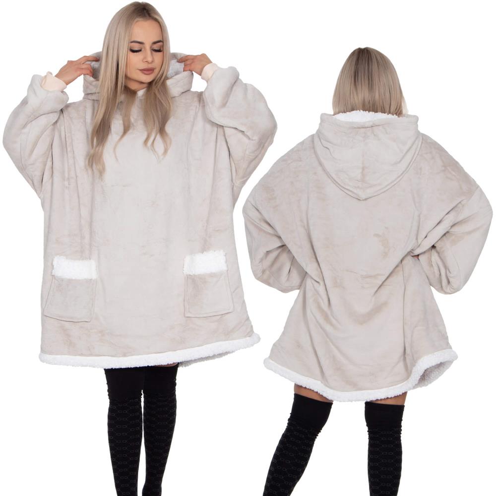 Hanorac tip patura oversize din fleece moale, cu gluga si buzunar mare, gri