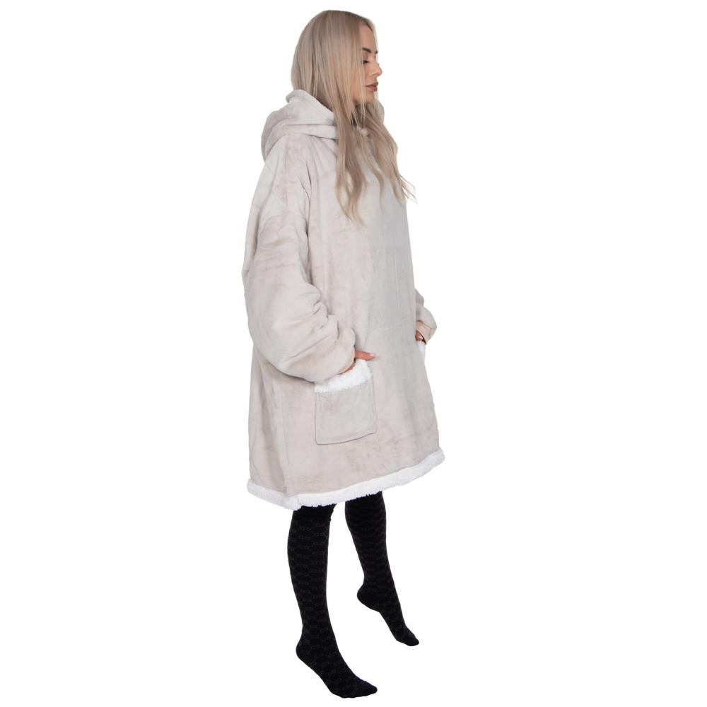 Hanorac tip patura oversize din fleece moale, cu gluga si buzunar mare, gri