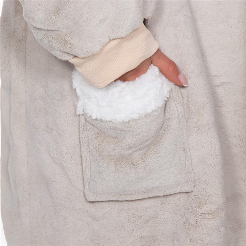 Hanorac tip patura oversize din fleece moale, cu gluga si buzunar mare, gri