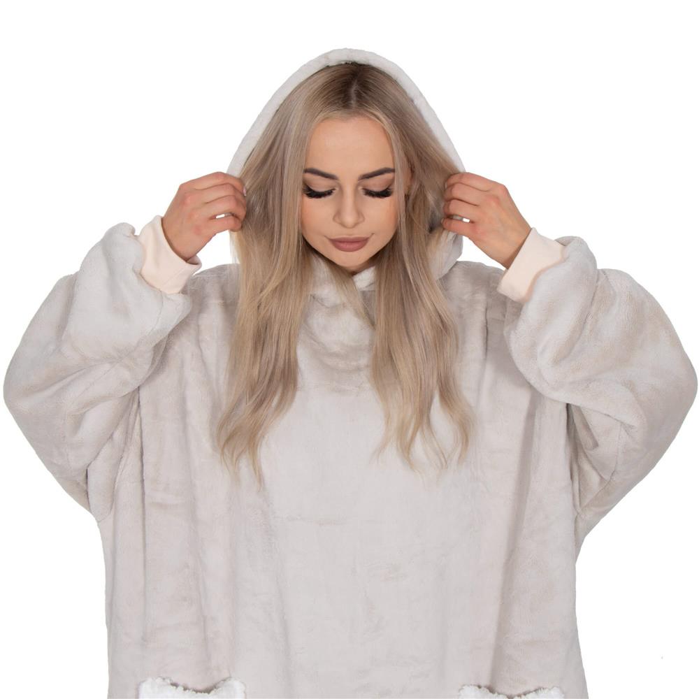 Hanorac tip patura oversize din fleece moale, cu gluga si buzunar mare, gri