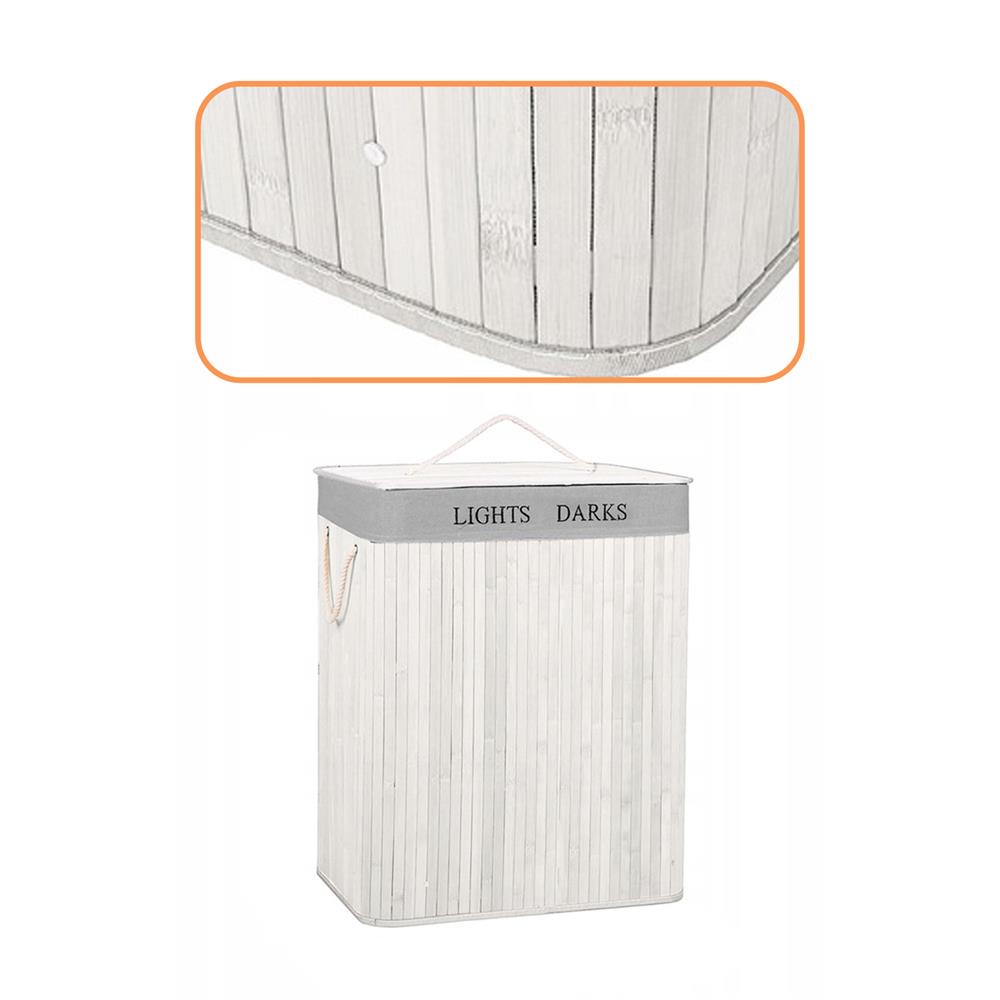 Cos pentru rufe din bambus, pliabil, cu 2 compartimente, volum 105 L, 63x52x33 cm, alb si gri