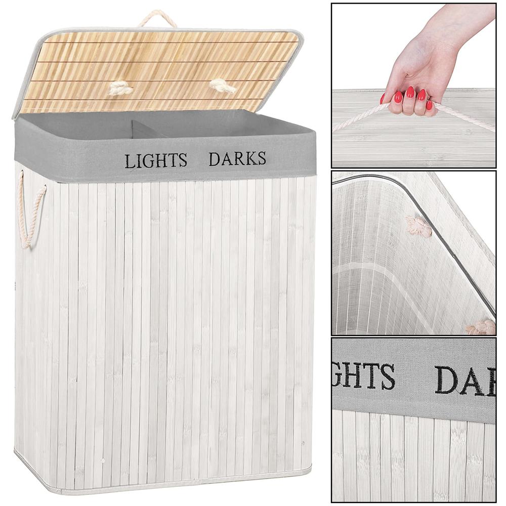 Cos pentru rufe din bambus, pliabil, cu 2 compartimente, volum 105 L, 63x52x33 cm, alb si gri