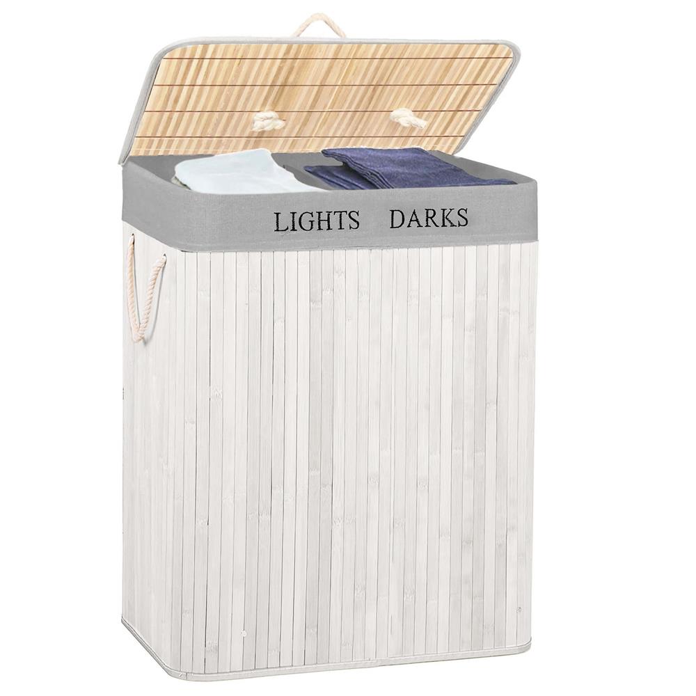 Cos pentru rufe din bambus, pliabil, cu 2 compartimente, volum 105 L, 63x52x33 cm, alb si gri