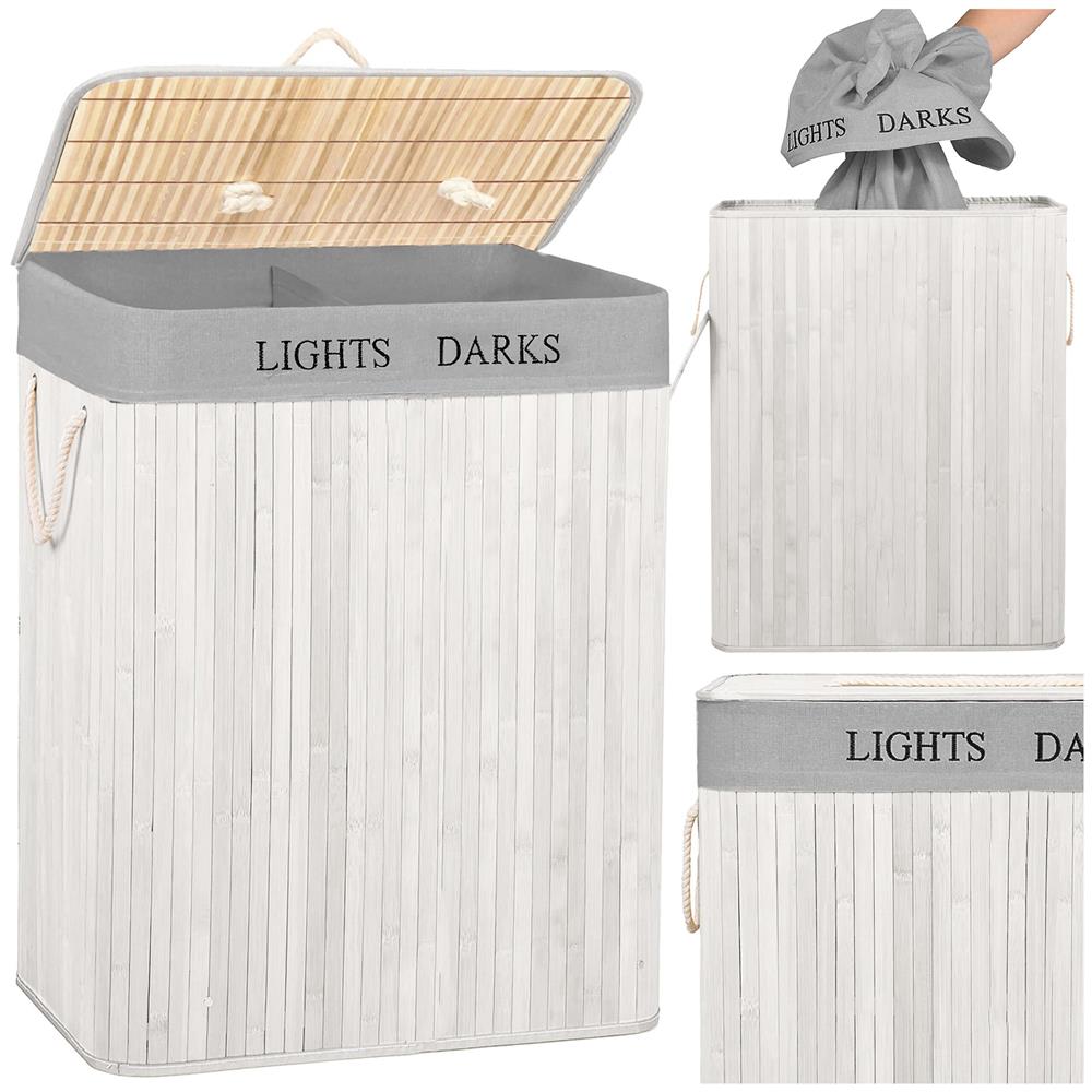 Cos pentru rufe din bambus, pliabil, cu 2 compartimente, volum 105 L, 63x52x33 cm, alb si gri