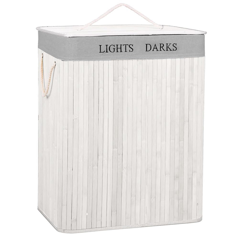 Cos pentru rufe din bambus, pliabil, cu 2 compartimente, volum 105 L, 63x52x33 cm, alb si gri