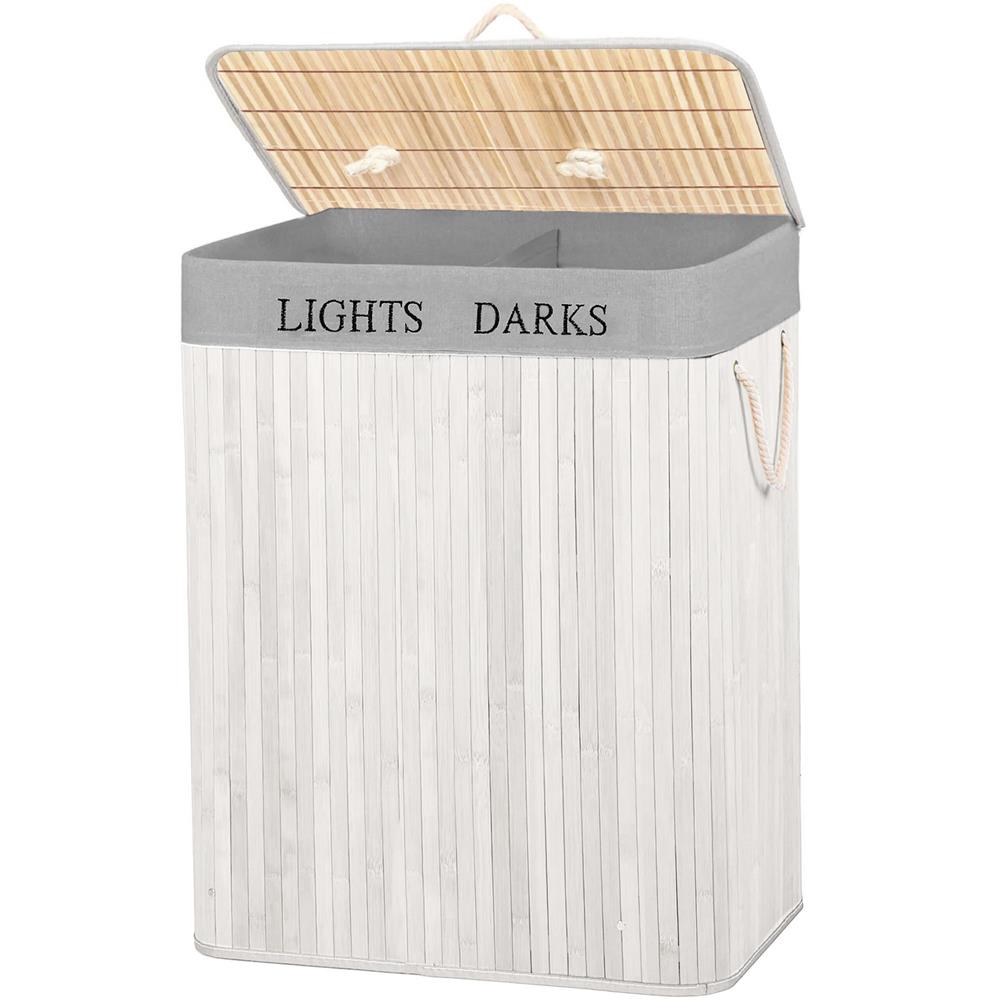 Cos pentru rufe din bambus, pliabil, cu 2 compartimente, volum 105 L, 63x52x33 cm, alb si gri