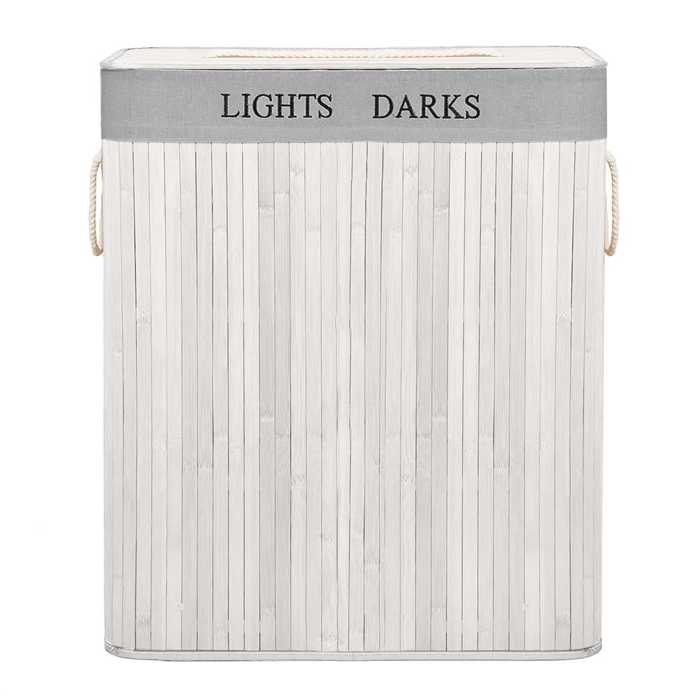 Cos pentru rufe din bambus, pliabil, cu 2 compartimente, volum 105 L, 63x52x33 cm, alb si gri