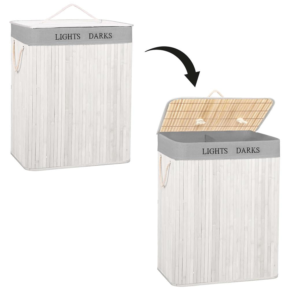 Cos pentru rufe din bambus, pliabil, cu 2 compartimente, volum 105 L, 63x52x33 cm, alb si gri