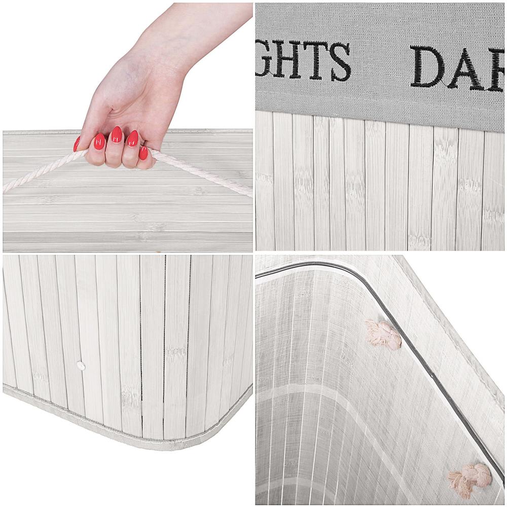 Cos pentru rufe din bambus, pliabil, cu 2 compartimente, volum 105 L, 63x52x33 cm, alb si gri