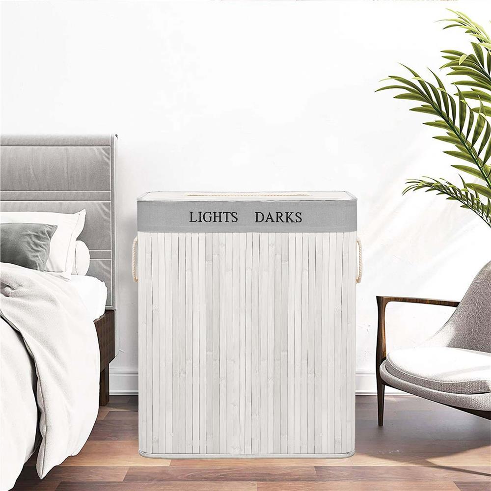 Cos pentru rufe din bambus, pliabil, cu 2 compartimente, volum 105 L, 63x52x33 cm, alb si gri